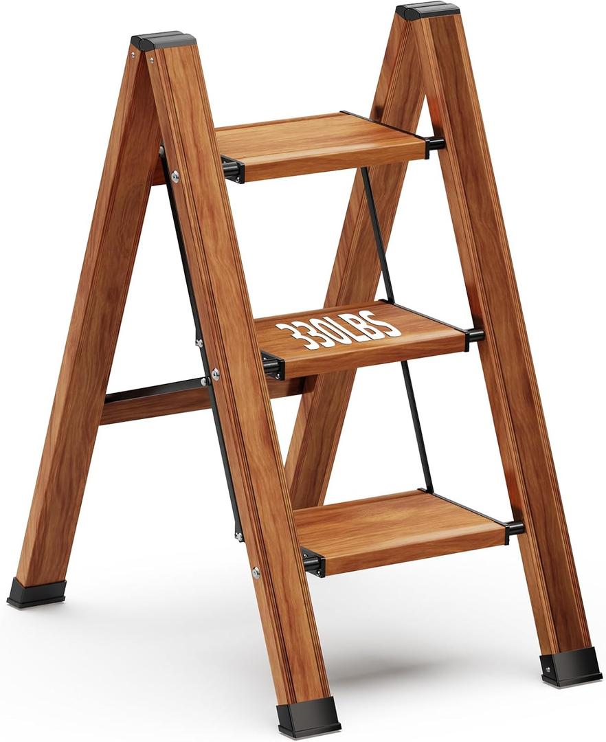 MIDOLI 3 Step Ladder Folding Step Stool with Anti-Slip Sturdy and Wide Pedal, Lightweight 330lbs Portable Aluminum Woodgrain Shelf for Household and Kitchen Space Saving