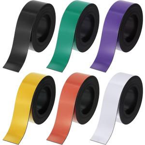 6 Pcs Dry Erase Magnetic Strips for Classroom, 1 in x 9.8 Ft Rainbow Colors Magnetic Tape Roll Blank Magnets Sticky Labels Writable Flexible Magnet Sheet for Whiteboard Refrigerator and Crafts
