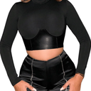 MakeMeChic Women's Faux Leather Mock Neck Long Sleeve Tee Shirts Party Crop Tops, L