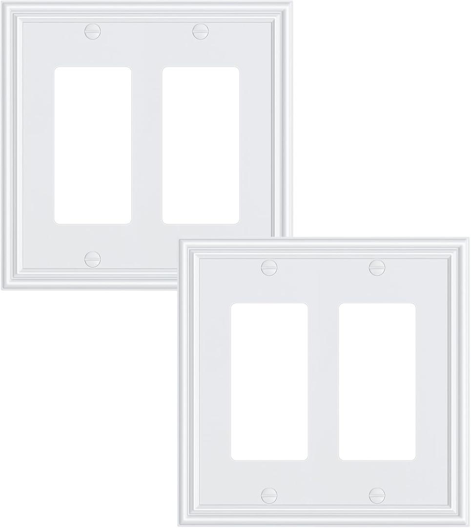 2-Pack Decorative Double Decorator Outlet Cover Plate, Durable Zinc Alloy Pure White Wall Plates for Electrical Outlets, Receptacle, GFCI Outlet, Dimmer Switch, 2-Gang, Corrosion Resistant
