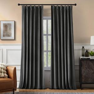 Pinch Pleated 100% Blackout Curtains for Bedroom, Grey Velvet Curtains for Living Room, Black Out Curtain 84 inch Long Room Darkening, Blackout Pinch Pleat Drapes with Hooks 2 Panels