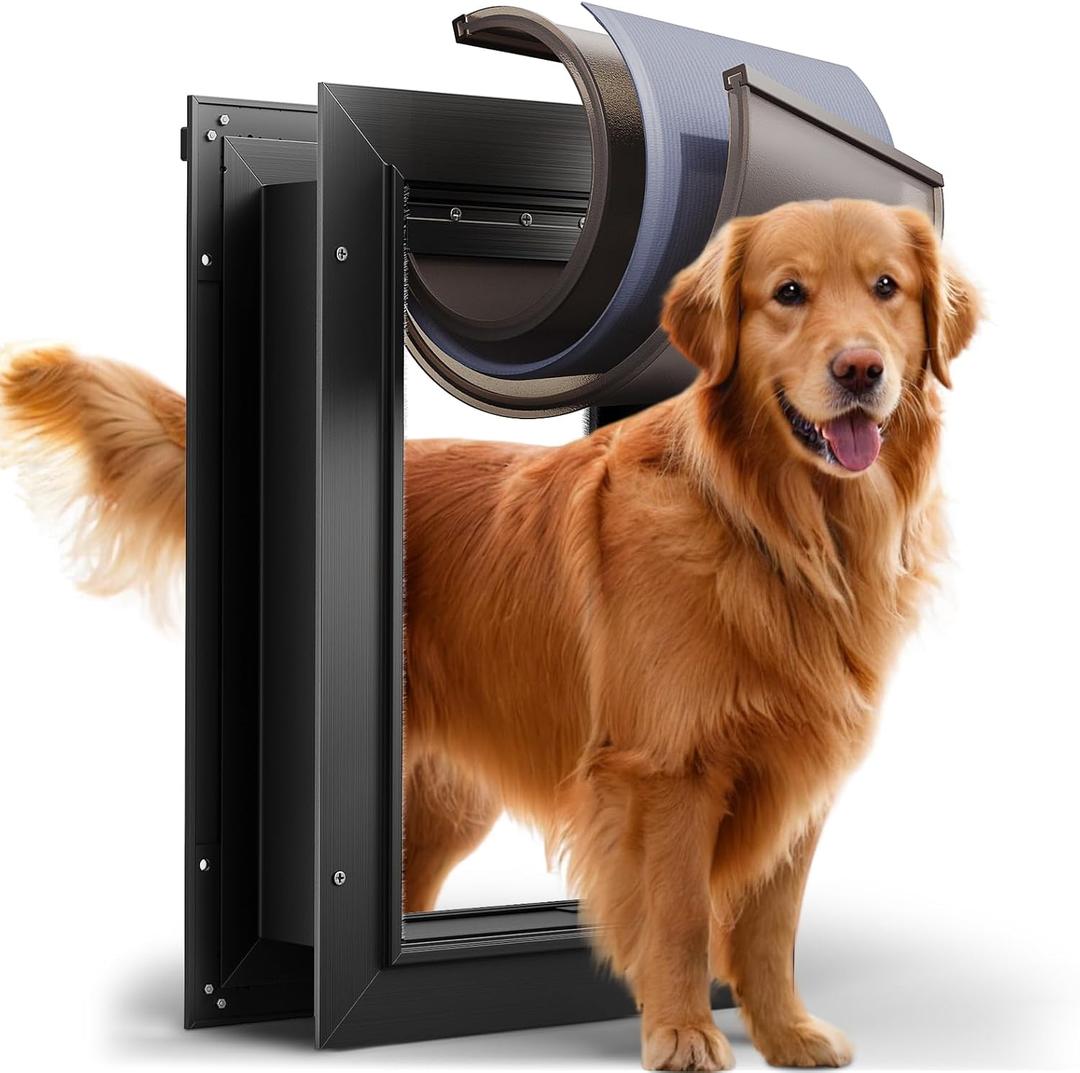 3-Flap Dog Door, All Aluminum Alloy Large Doggy Door Doggie door for Wall, Heavy Duty Pet Door Easy to Install, Energy Efficient, Telescoping Tunnel for Interior & Exterior Wall, Pet Up to 110Lb-Black