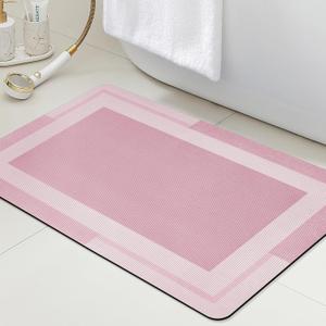 Ultra Thin Bath Mat, Upgrade Backing Non Slip Thin Bath Mats Fit Under Door, Quick Dry Ultra Absorbent Bathroom Rugs, Machine Washable Bath Rugs for Bathroom, Bathtub & Kitchen, Pink/Bordered/24"x17"
