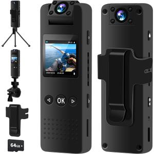 Body Camera with Audio and Video Recording, 1080P FHD Body Cam with 180 Rotating Lens, 8HR Battery & Night Vision, 64GB Wearable Camera for Pet, Home, Office, Easy-to-Use