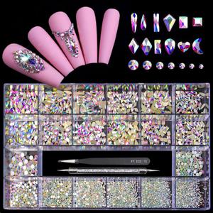 12 Types of 600 Crystal AB Diamonds + 2500 Flat Rhinestones Mix 20 Styles Flatback DIY Crafts Rhinestone Crystals 3D Ornaments Flat Back Stones Set + Tweezers + Drill Pen