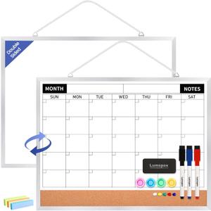 Monthly Calendar Dry Erase Board for Wall, 17"x13" Double-Sided Magnetic Calendar White Board with Cork, Silver Aluminum Alloy Frame Hanging Small Whiteboard for Office, Home, School