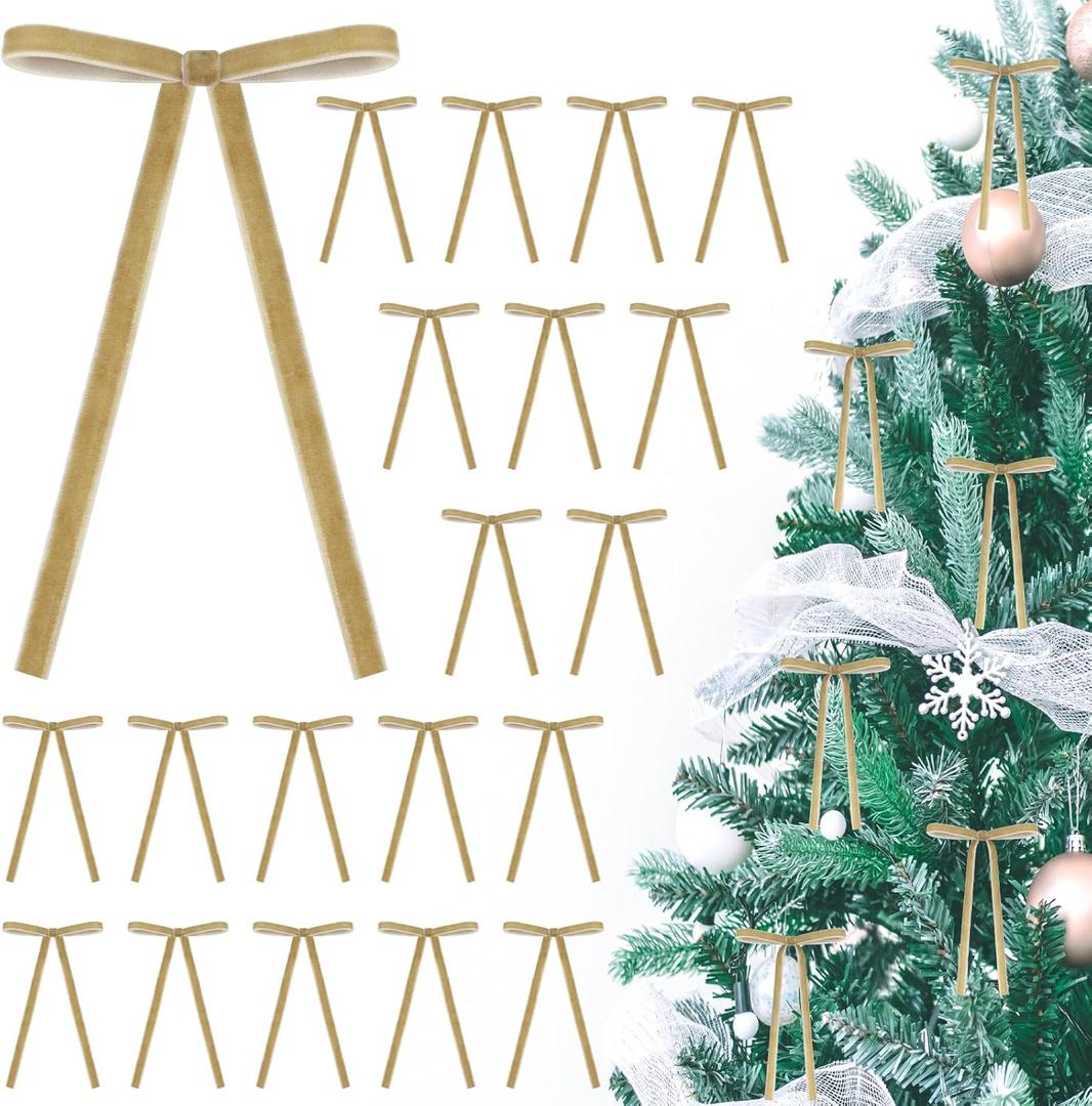 3 x Velvet Christmas Bows, Small Vintage Velvet Twist Tie Bows for Tree Wreath Craft Decoration, Khaki, 24 Pcs