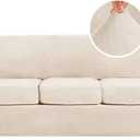 H.VERSAILTEX Modern Velvet Plush 4 Piece High Stretch Sofa Slipcover Sofa Cover Furniture Protector Form Fit Thick Velvet Sofa Cover for 3 Cushion Couch Width Up to 90 Inch (Sofa, Cream)