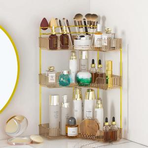 SUNZOS Corner Bathroom Counter Organizer, 3-Tier Countertop Perfume Tray Organizer with Makeup Brush Holder, Vanity Makeup Cosmetic Storage for Dresser (Amber Gold)