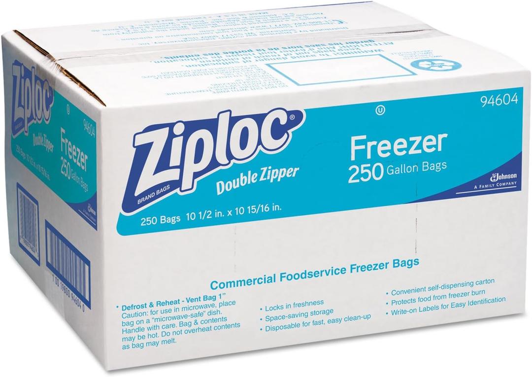 Ziploc 94604 Double-Zipper Freezer Bags, 1gal, 2.7mil, Clear w/Label Panel (Case of 250) (One Size)