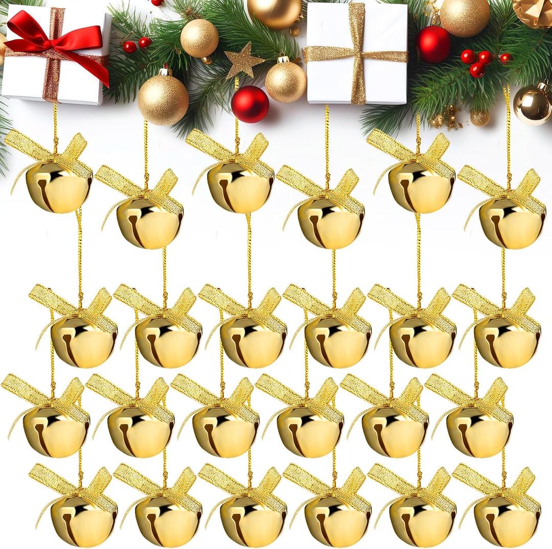 Newcotte 24 Pcs Christmas Gold Jingle Bells Ornaments Small Metal Gold Bells Xmas Brass Bell for Crafts with Hanging Rope for DIY Christmas Tree Wreath Holiday Decoration(1.18 Inch)