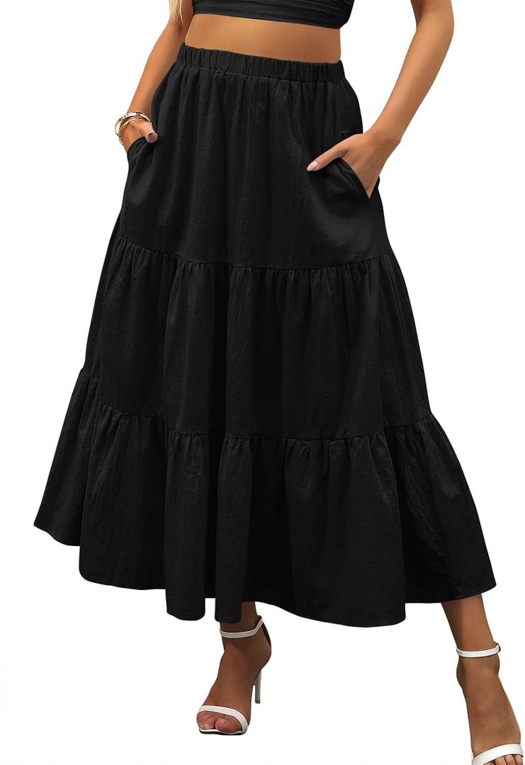ANRABESS Womens Summer Boho Flowy Swing Tiered A-Line Maxi Skirt 2025 Fashion Trendy Elastic Waist Pleated Long Beach Dress (Medium, Black)