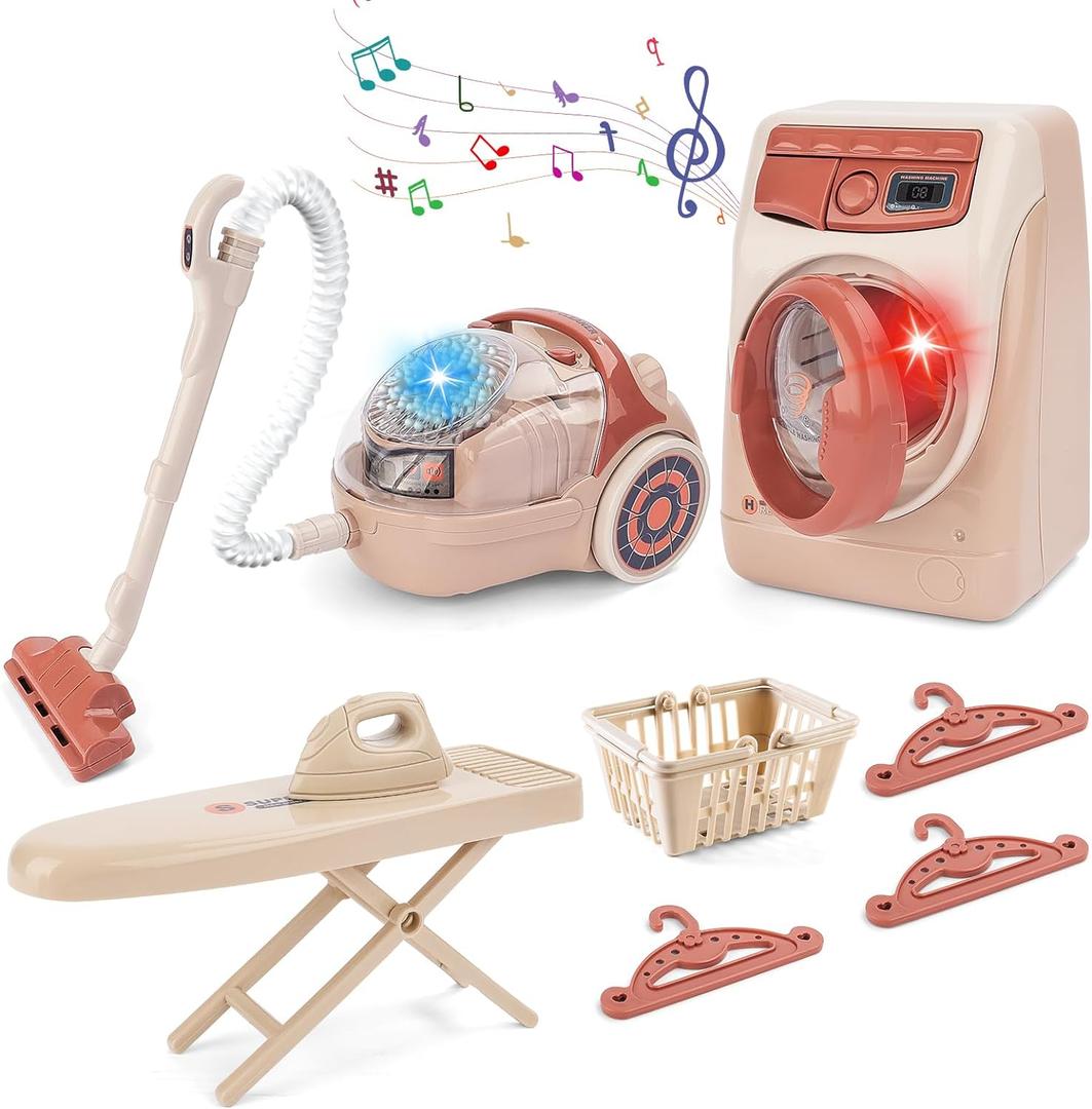 deAO Kids Toy Washing Machine & Vacuum Playset, Mini Washing Machine Laundry Set for Kids,Dollhouse Furniture Laundry Room Washer and Iron Set