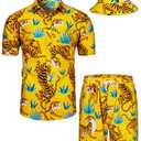 TUNEVUSE Mens Hawaiian Shirts and Shorts Set 2 Pieces Beach Outfits Tiger Print Summer Tropical Suit with Bucket Hats Yellow, XX-Large