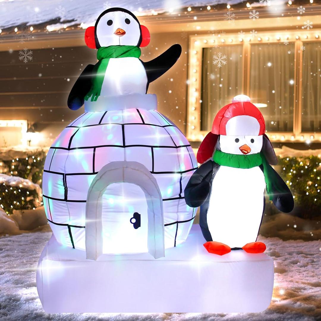 Christmas Inflatable Ice House Penguin 7 Feet Outdoor Decoration Featuring Two Adorable Penguins Ideal for Holiday Display with Built in LED Lights Perfect for Lawn Garden Entryway Christmas Party
