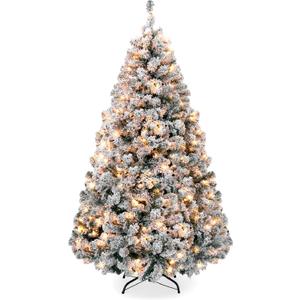 Best Choice Products Pre-Lit Artificial Christmas Tree, 7.5ft Snow Flocked Design Pine Tree, Full Appearance Snowy w/Easy Assembly, Metal Stand (Green)