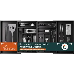 Silverware Organizer Large, Magnetic Connected Expandable 13 Slots Silverware Drawer Organizer From 21 to 37.4 Inches, Adjustable Flatware and Cutlery Holder, Bamboo Utensil Tray for Kitchen Black