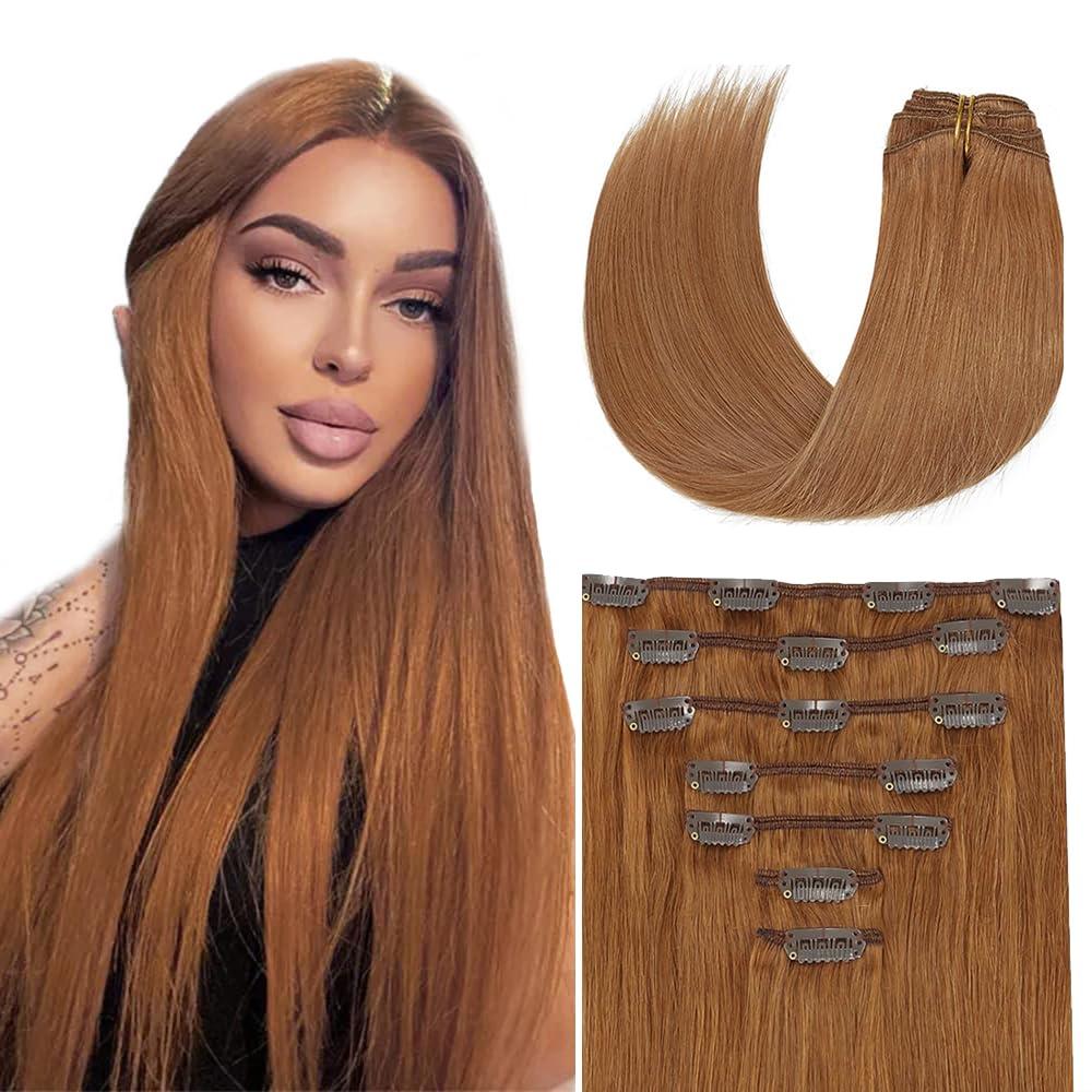 26 Inch #30 Brown Clip in Hair Extensions - Real Remy Human Hair, 120g 7pcs, Brown Human Hair Extensions Clip ins for Women (#30-Light Brown Color-ST)