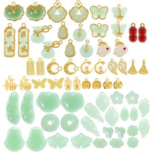 Green Inlaid Imitation Jade Beads Gold Alloy Pendants Accessories Assorted Shaped Loose Bead