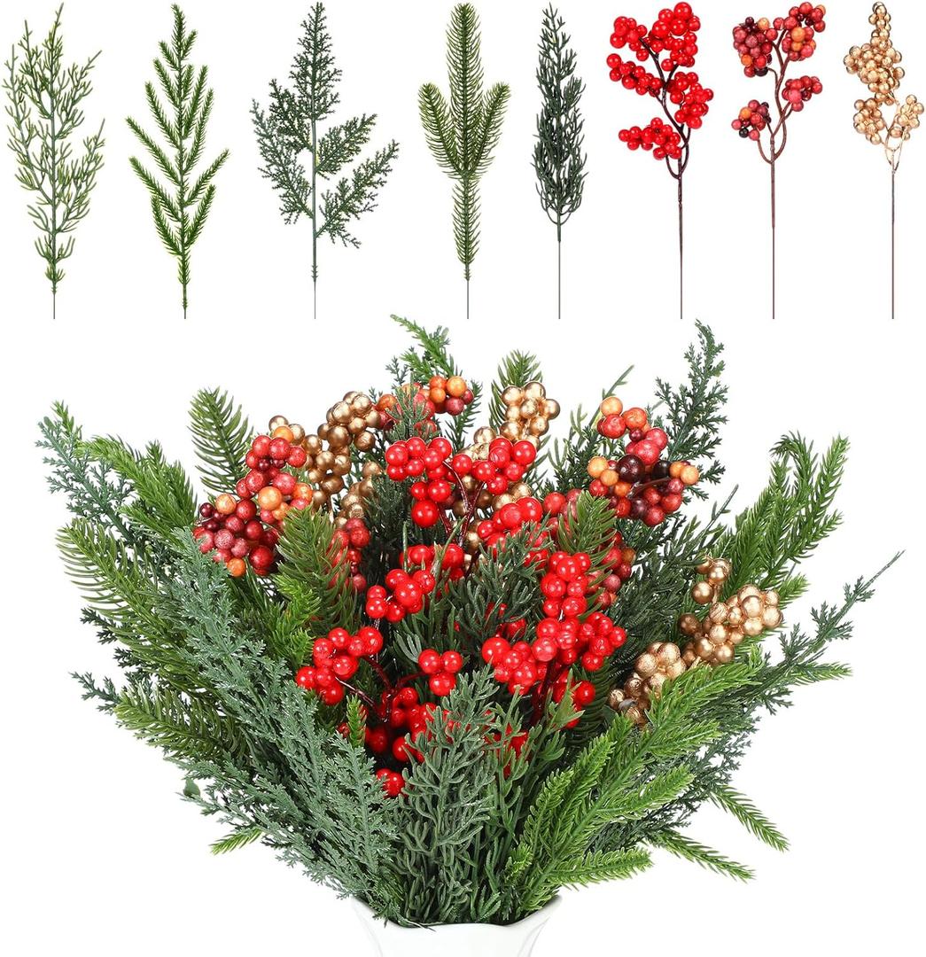 56 Pcs Christmas Artificial Pine Branches Faux Greenery Pine Picks Needles Christmas Twigs Stems Artificial Red Orange Gold Berry Stems for DIY Garland Wreath Xmas Home Garden Decor
