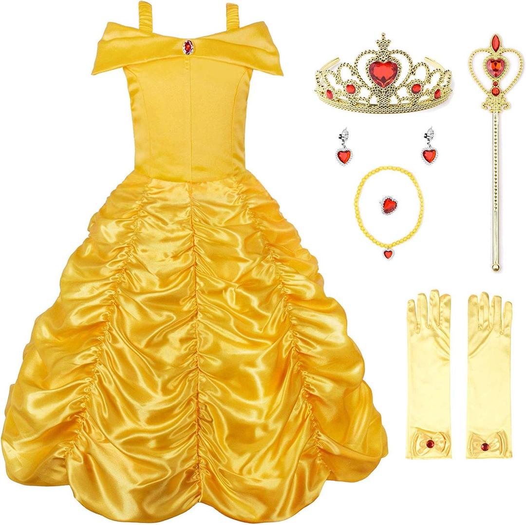 JerrisApparel Princess Dress Off Shoulder Layered Costume for Little Girl (8 Years, Yellow With Accessories)