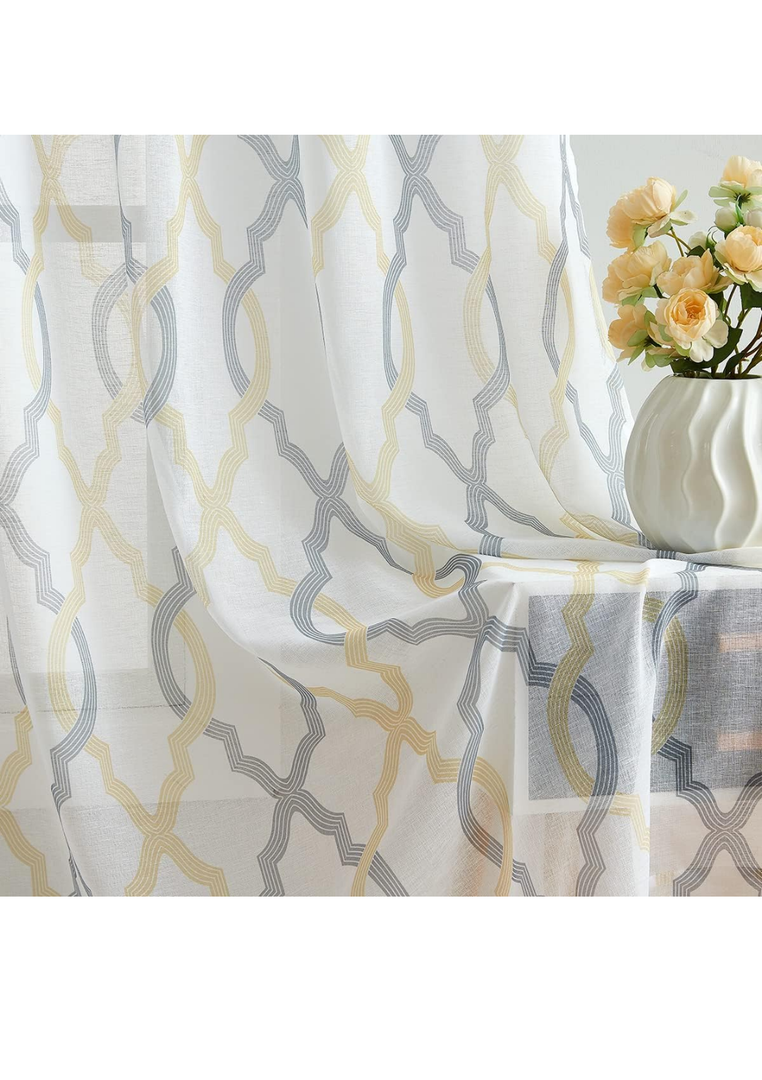 Gold Yellow/Grey Sheer Window Curtain Panels 63 Inches Length 52'' W, 2 Panels Light Filtering Grommet Top Voile Drapes for Living Room, Geometric Patterned Privacy Protect Window Treatments