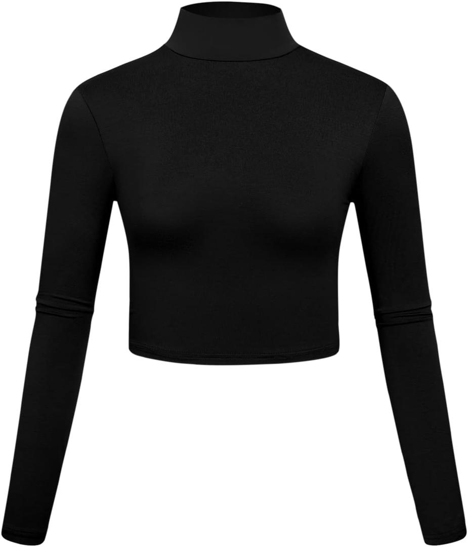 Kindcall Lightweight Mock Turtleneck Crop Tops Long Sleeve Casual Base Layer for Women (Small, Black)