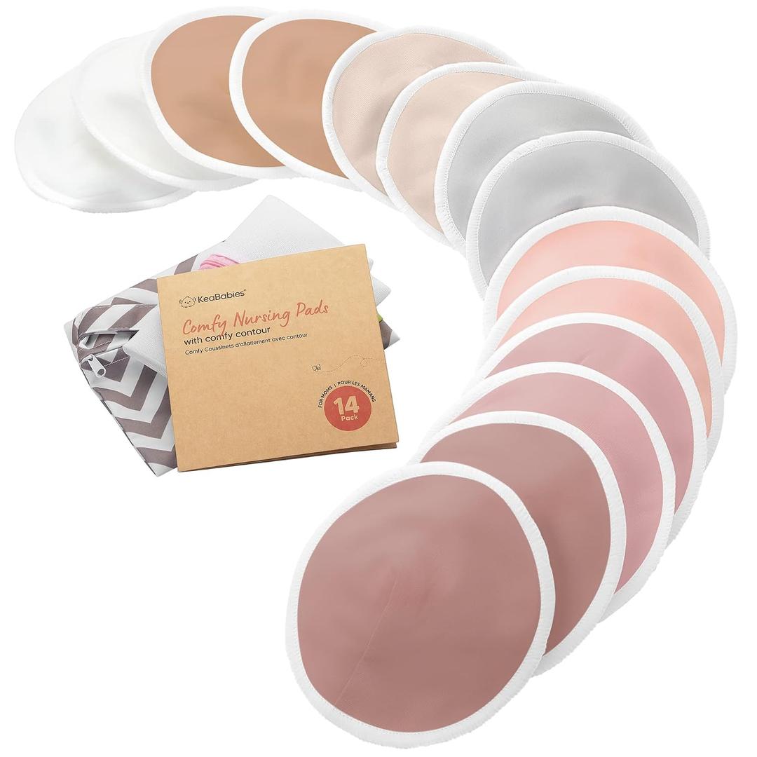 Organic Nursing Pads - 14 Washable Breast Pads for Breastfeeding, Wash Bag, Viscose Derived from Bamboo Reusable Nipple Covers for Breastfeeding Essentials, Soft & Absorbent (Lovelle, L 5")