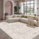 8x10 Beige Multi Washable Area Rug for Living Room Bedroom Neutral Floral Soft Low Pile Lightweight Throw Rug Non Slip Distressed Carpet Dining Room Nursery Classroom Playroom Home Decor