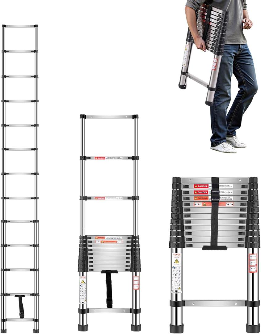 VEVOR Telescoping Ladder, 12.5ft Stainless Steel Lightweight Extension Ladder, Multi-Button Retraction Collapsible Ladders, 330LBS Capacity & Non-Slip Feet, Portable 13-Step Ladders for Home, RV, Loft
