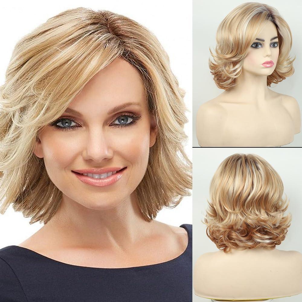 Curly Bob Wig, Short Wavy Ombre Blonde Real Hair Wig, Lace Bob, Heat Resistant, Perfect for Daily & Party Wear