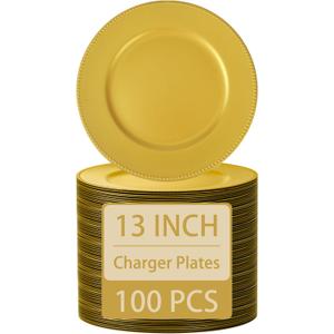 supernal 100pcs Charger Plates bulk,Gold Plastic Chargers Plates For Dinner With Bead Rimed,13inch Plastic Round Chargers for Table Event Decoration for Wedding,New Year Party,Holiday, normal size