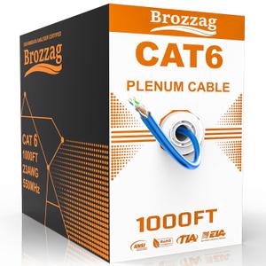 CAT6 Plenum Cable 1000ft, 23AWG UTP 550MHz 10Gbps, DSX-8000 Certified, Internet Cable Rated for in-Wall, Outdoor & Direct Burial, Tangle-Free Spool, Bulk Cat6 LAN Wire for Home, Office (Blue)