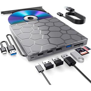 External CD/D1VD Drive for Laptop, DVD Player for Laptop, 8 in 1 USB 3.0 Ultra-Slim Portable (gunmetalgrey)