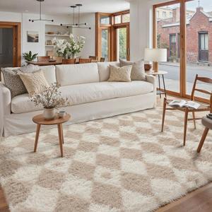 PureCozy Beige 5x7 Area Rug for Living Room Washable Non Slip Neutral Soft Bedroom Checkered Carpet Fluffy Modern Shag Fuzzy Indoor Large Aesthetic Bedroom Home Office Playroom Nursery