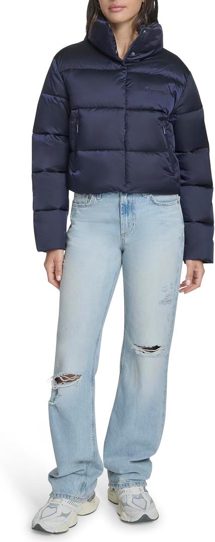 Champion Womens Cropped Puffer Jacket (Small, Navy)