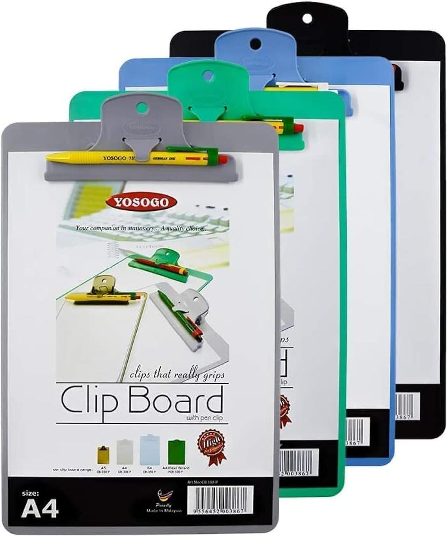 Yosogo A4/Letter Size Plastic Clipboard 2 Pack with Handy Pen Holder & Bonus Pen Holds up to 40 Sheets Durable Plastic Writing, Office, Stationary, School Supplies Set