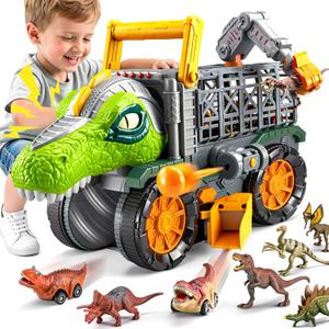 JOVA Vroomix Dinosaur Toy for Toddlers 2 3 4 5+ Year Old, Extra Large Dinosaur Monster Truck with Figures, T-Rex Toy with Launcher and Darts, Crane Arm & Tunnel, Jurassic Toy for Boys Birthday Gift