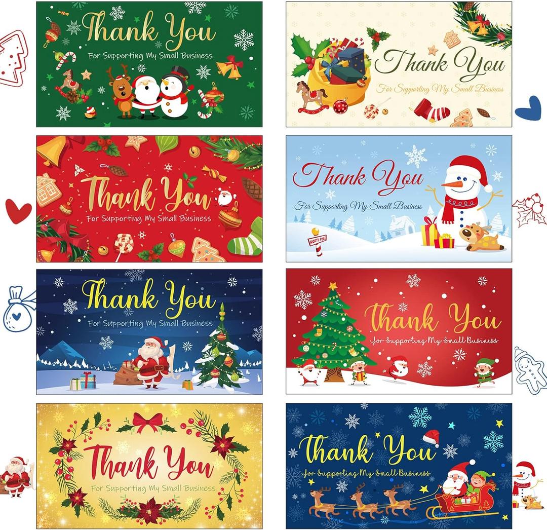 Kisston 240 Pcs Christmas Thank You Cards for Small Business Paper Snow Crane Santa Snowman Christmas Greeting Card Winter Themed Thank You Note for Holiday Party
