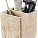 Natural Travertine Textures Toothbrush Holders for Bathroom, Electric Toothbrush and Toothpaste Holder 3 Slots Tooth Brush Organizer for Bathroom Countertop, Shower, Vanity