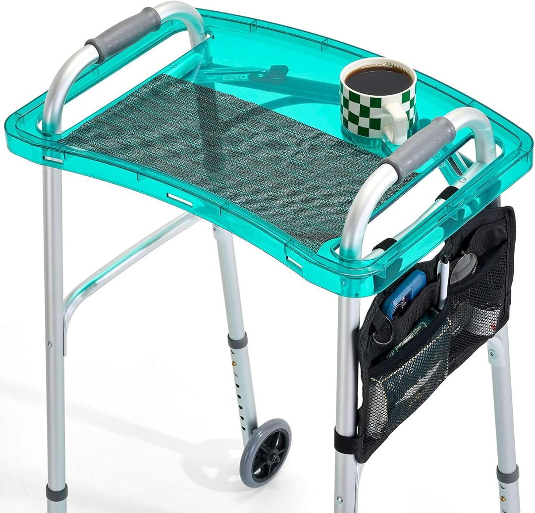 SoulThink Full Transparency Walker Tray - Essential Walker Accessories Compatible with Most Walkers for Seniors, Walker Tray for Folding Walker with Utility Bag, Non-Slip Mat & Cup Holder (Green)