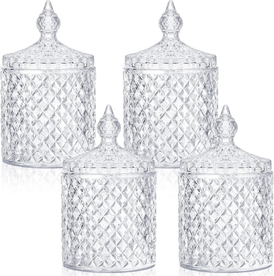 Aoriher 4 Pcs Crystal Glass Candy Jar Set with Lids Home Decorative Storage Jars for Apothecary, Bathroom, Kitchen, and Pantry, Ideal for Cotton Swabs and Jewelry(Medium,Clear)