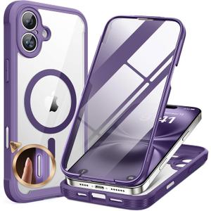 Miracase for iPhone 16 Case 6.1'', [Bubble Free] Full-Body Bumper Phone case with Built-in Full Glass Screen &Lens Protector,No Gap,Compatible with MagSafe,Drop Proof 16 Cover,Purple