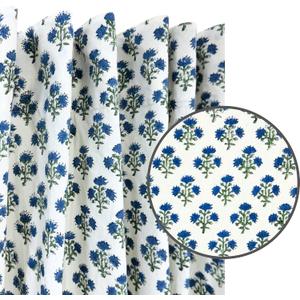 ATOSII 100% Cotton Single Panel Floral Block Print Curtain, Easy Hanging with Rod Pocket & Loop, Living Room, Dining Room, Bedroom Light Filtering Boho Curtains, Set of 1, 60"W X 84"L, Gulbahar Blue