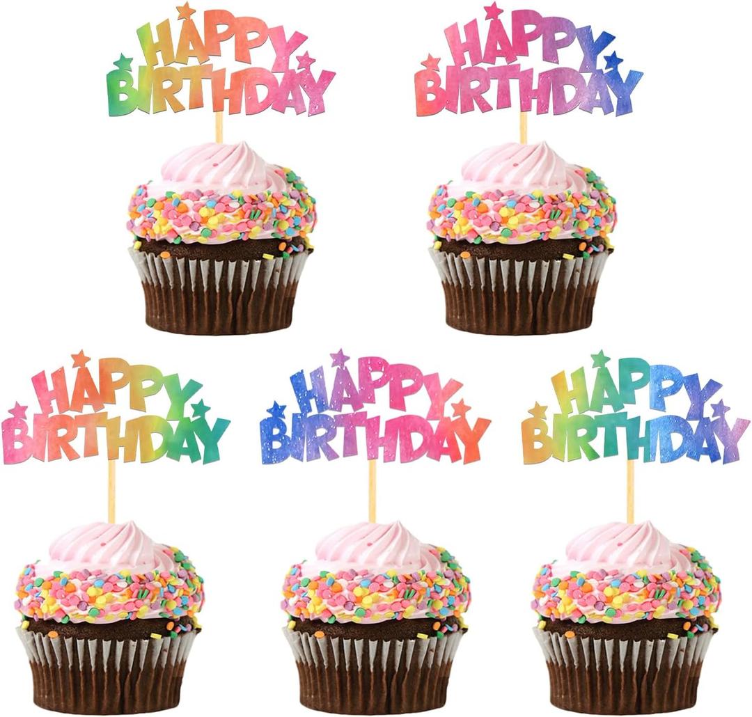 24pcs Rainbow Happy Birthday Cupcake Toppers