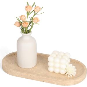 Natural Travertine Vanity Tray for Bathroom Countertop, 12" L x 6" W Light Beige Cream Decorative Tray with 4 Non-Slip Silicone Gaskets, Marble Tray for Jewelry, Perfume, Dresser Organizer