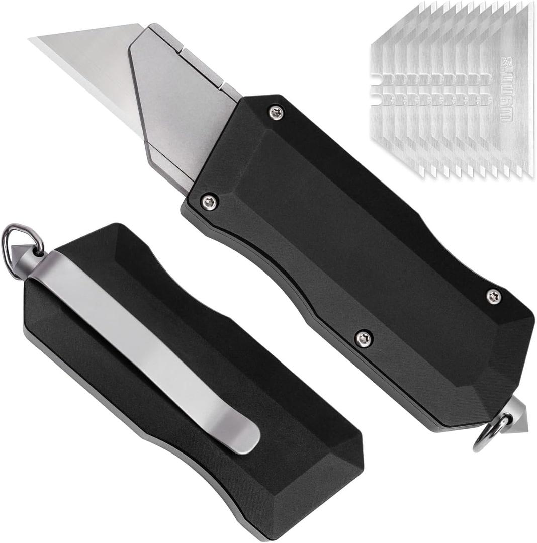 Aluminum Alloy Utility Knife, Retractable Box Cutter with Clip, Lightweight Pocket Knife, Safety Replaceable Blade EDC Razor Knives with 10Pcs Blades (Black)