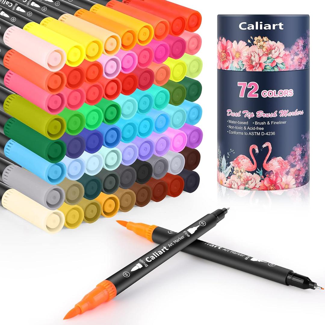 Caliart 72 Colors Dual Tip Art Markers for Adult Coloring - Aesthetic Cute Preppy Stuff School Supplies, Pens With Fine and Brush Tips for Lettering Cards Drawing Kids Artist Mothers Day Gift for Mom Black Barrel