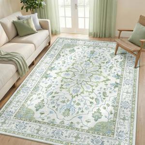 RELEANY Washable Area Rug, 5'x8', Green/White/Blue