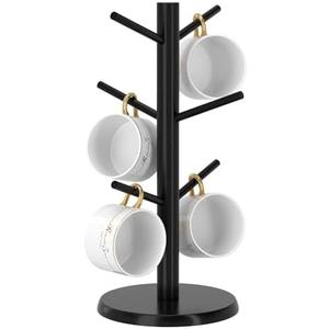 Wisuce Black Coffee Mug Tree, Updated Thick Bamboo Mug Holder Base,Coffee Cup Stand Mug Holders with 6 Hooks for Countertop Cup Rack Organizer Stand (Black)